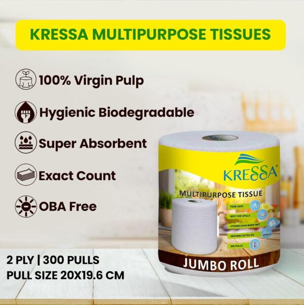 Kressa Jumbo Multipurpose Kitchen Tissue Roll 1 Roll Total 300 Sheets 2 Ply - Image 3