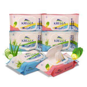 KRESSA Wet Wipes Aloe Vera Cucumber & VitaminE Mint 3 Pack Each Total 6 Packs