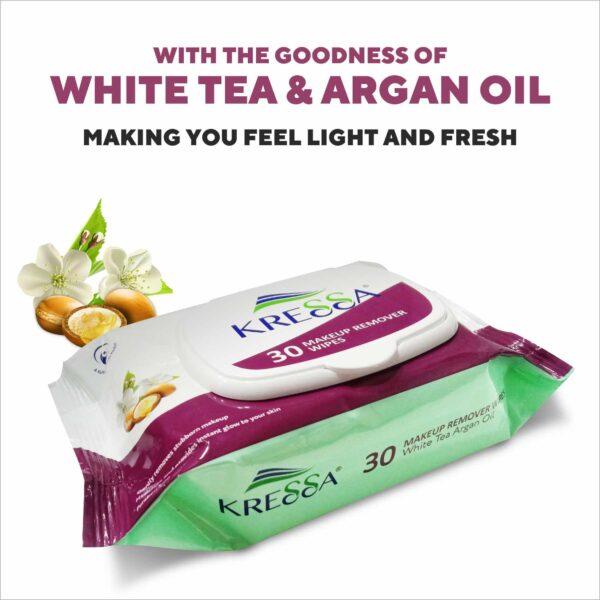 Kressa makeup remover wipes are enriched with white tea and argan oil
