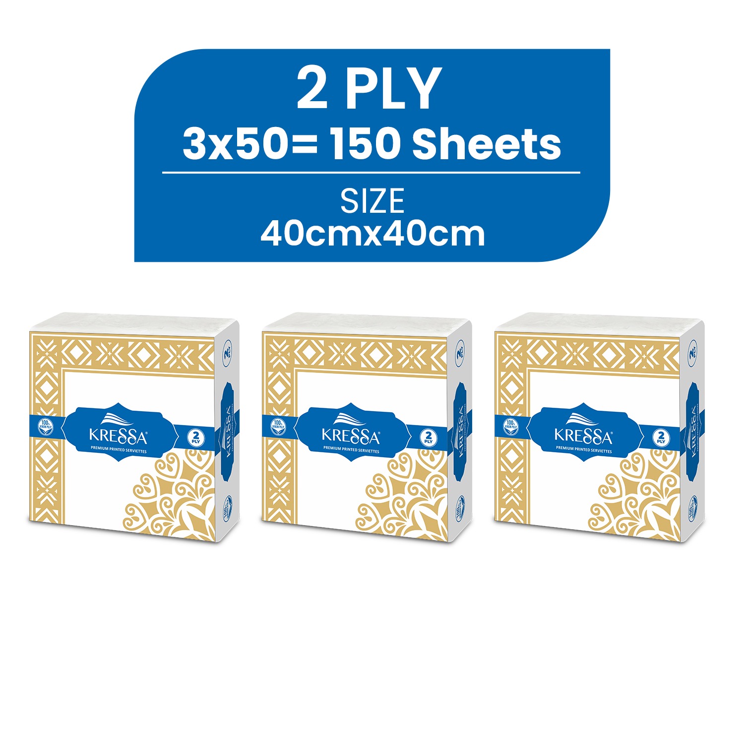 Kressa Premium Printed Napkins 40x40cm | 2-Ply Printed Tissue Paper Napkins - Pack of 3 (150 Sheets) - Image 2