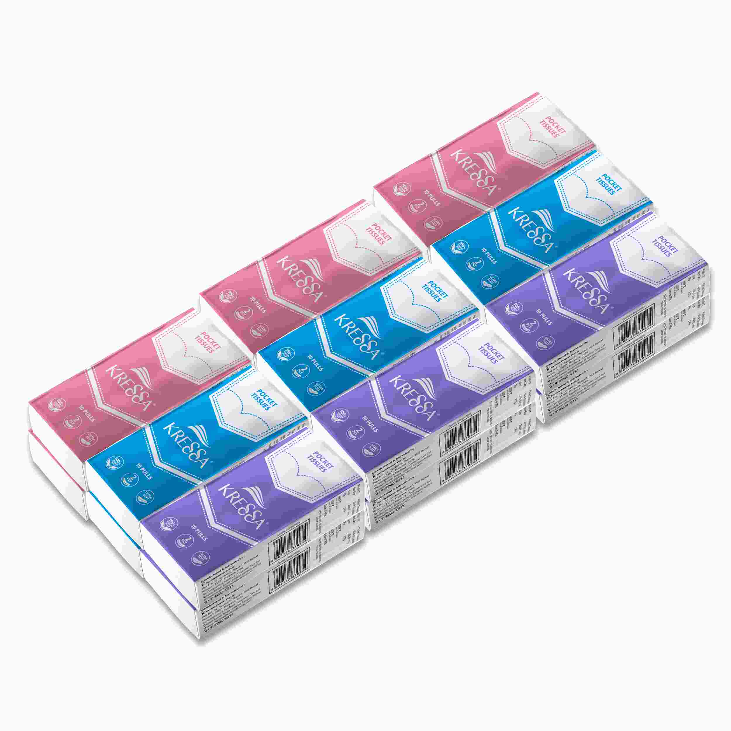 Kressa Facial Pocket Tissue Paper, Pack of 18-180 Ultra-Soft Pulls | 2-Ply, Durable & Travel-Friendly Face & Hand Tissues (6in1, Pack of 3)