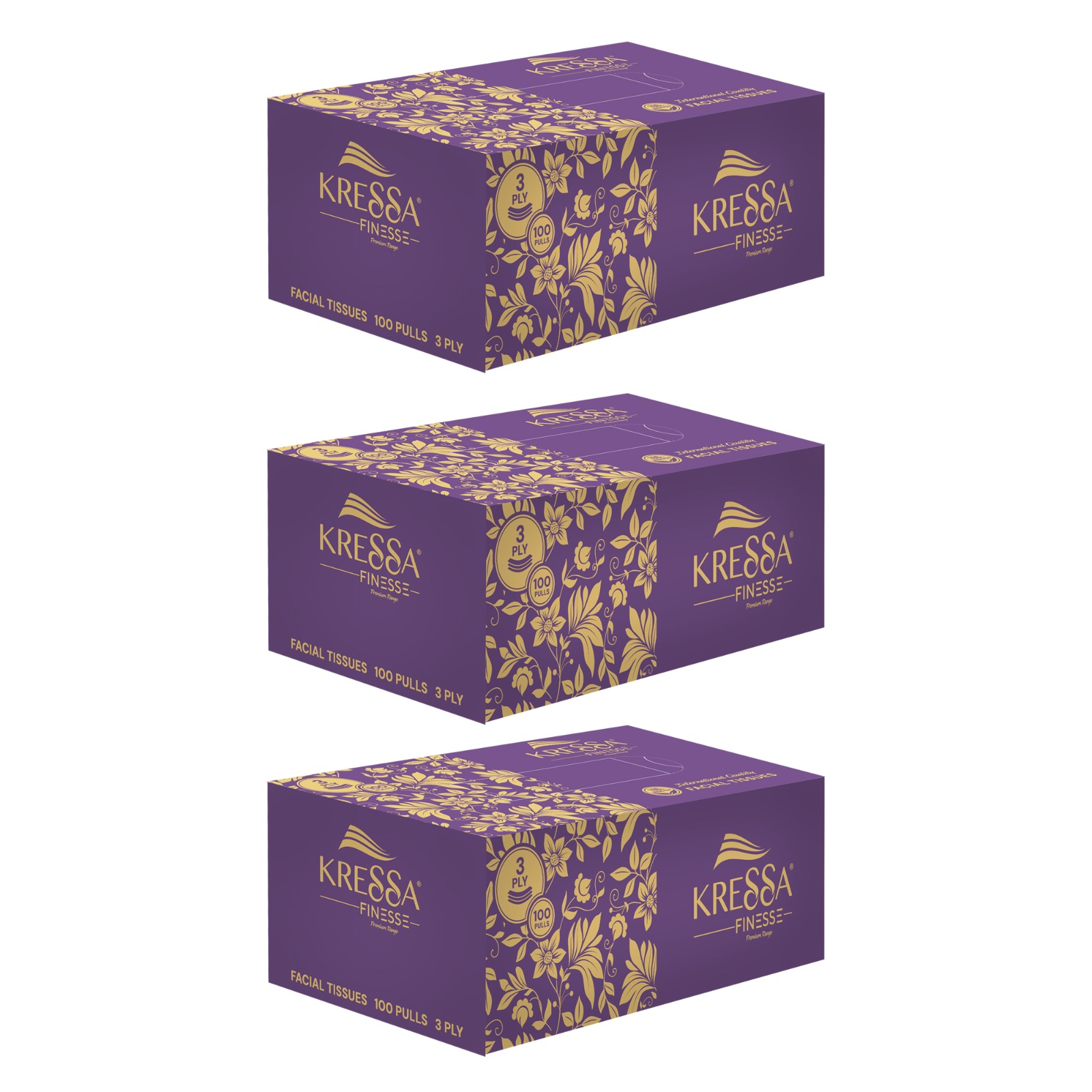 Kressa Premium 3-Ply Face Tissue Box | Ultrasoft |100 Pulls Per Box (Pack of 3)