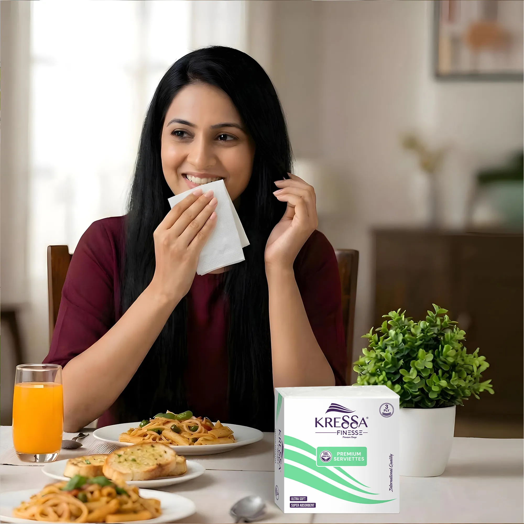 KRESSA Finesse Premium 3-Ply Paper Napkins (Pack of 6), Ultra Soft and Super Absorbent, 50 Sheets per Pack, 100% Virgin Pulp - Image 5