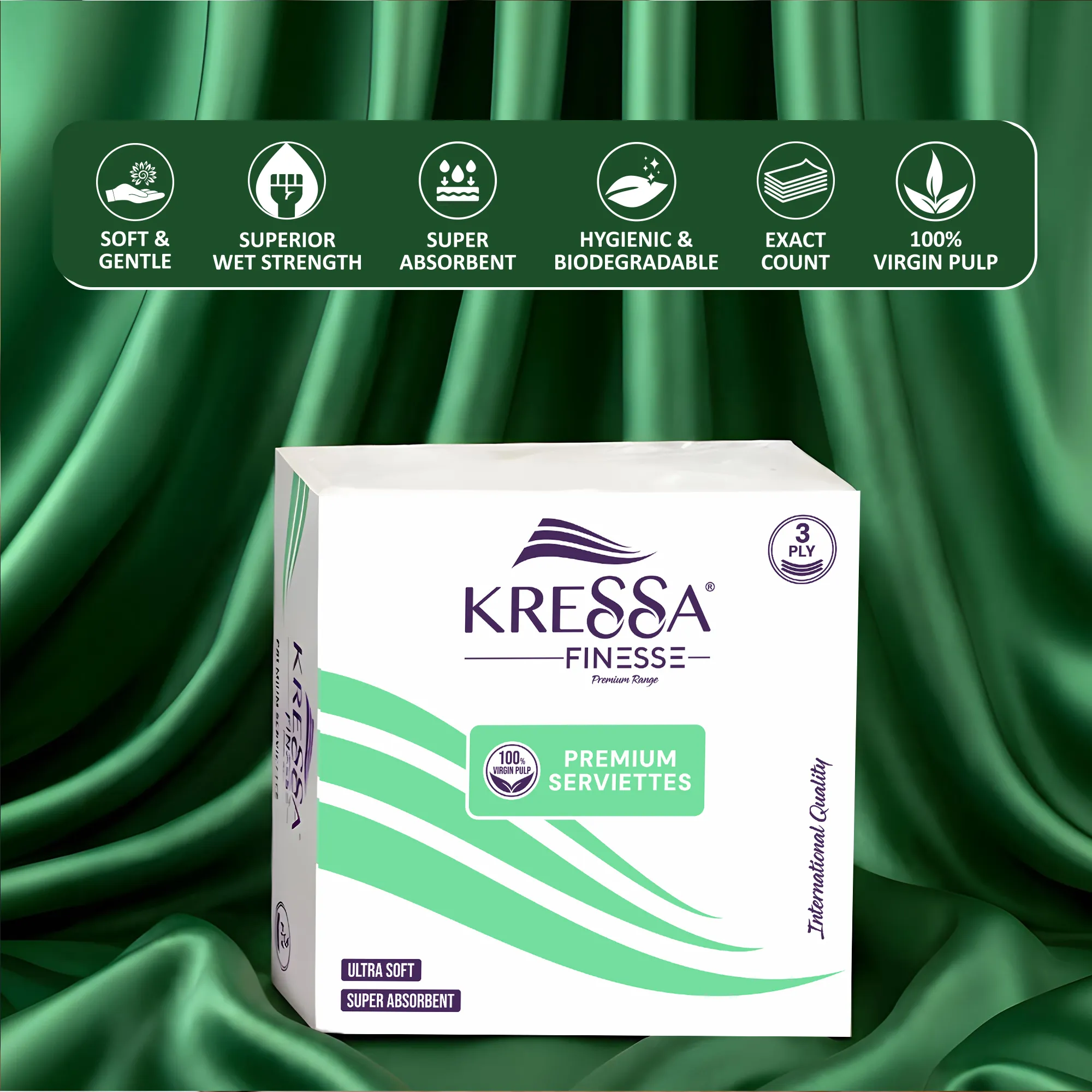 KRESSA Finesse Premium 3-Ply Paper Napkins (Pack of 6), Ultra Soft and Super Absorbent, 50 Sheets per Pack, 100% Virgin Pulp - Image 6
