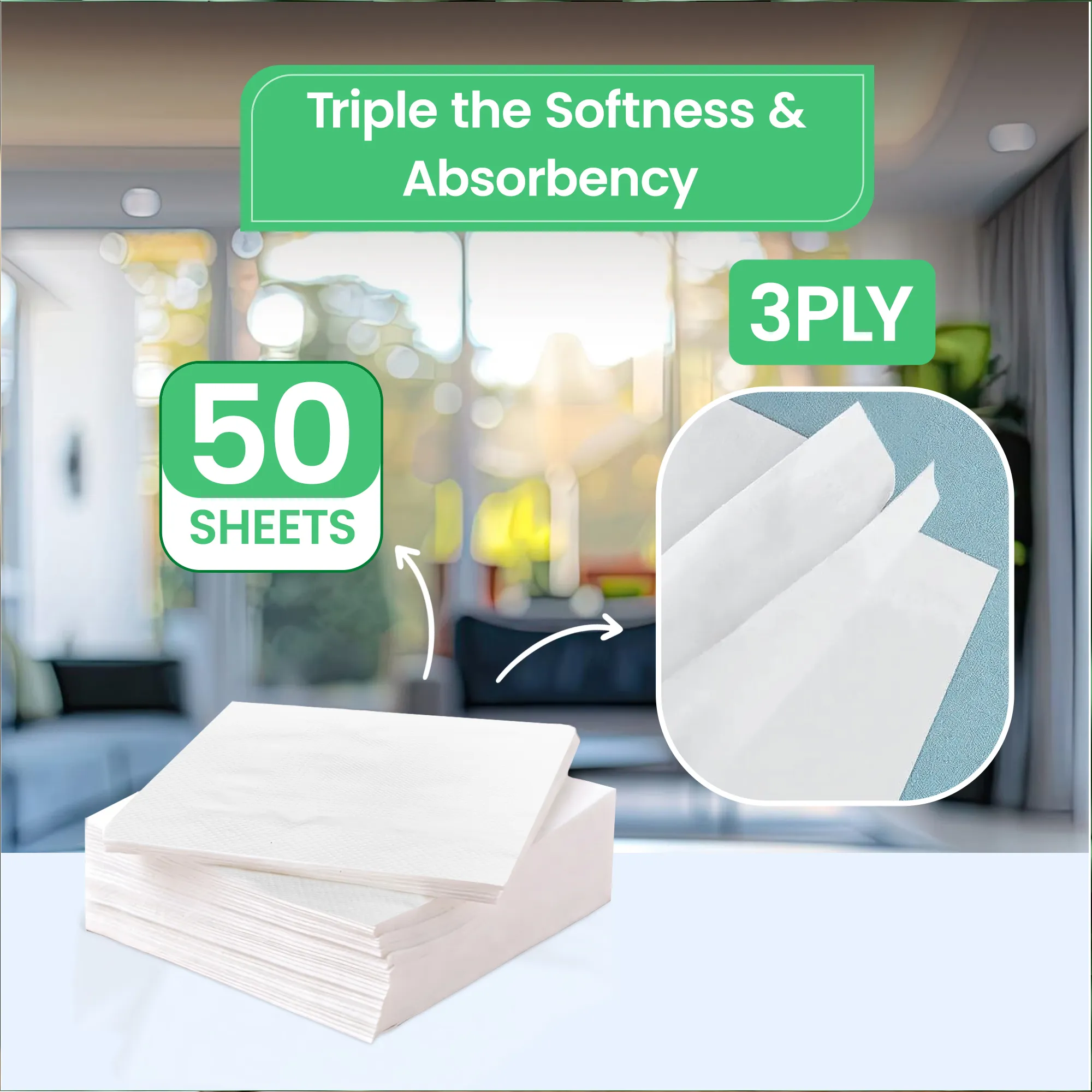 KRESSA Finesse Premium 3-Ply Paper Napkins (Pack of 6), Ultra Soft and Super Absorbent, 50 Sheets per Pack, 100% Virgin Pulp - Image 2