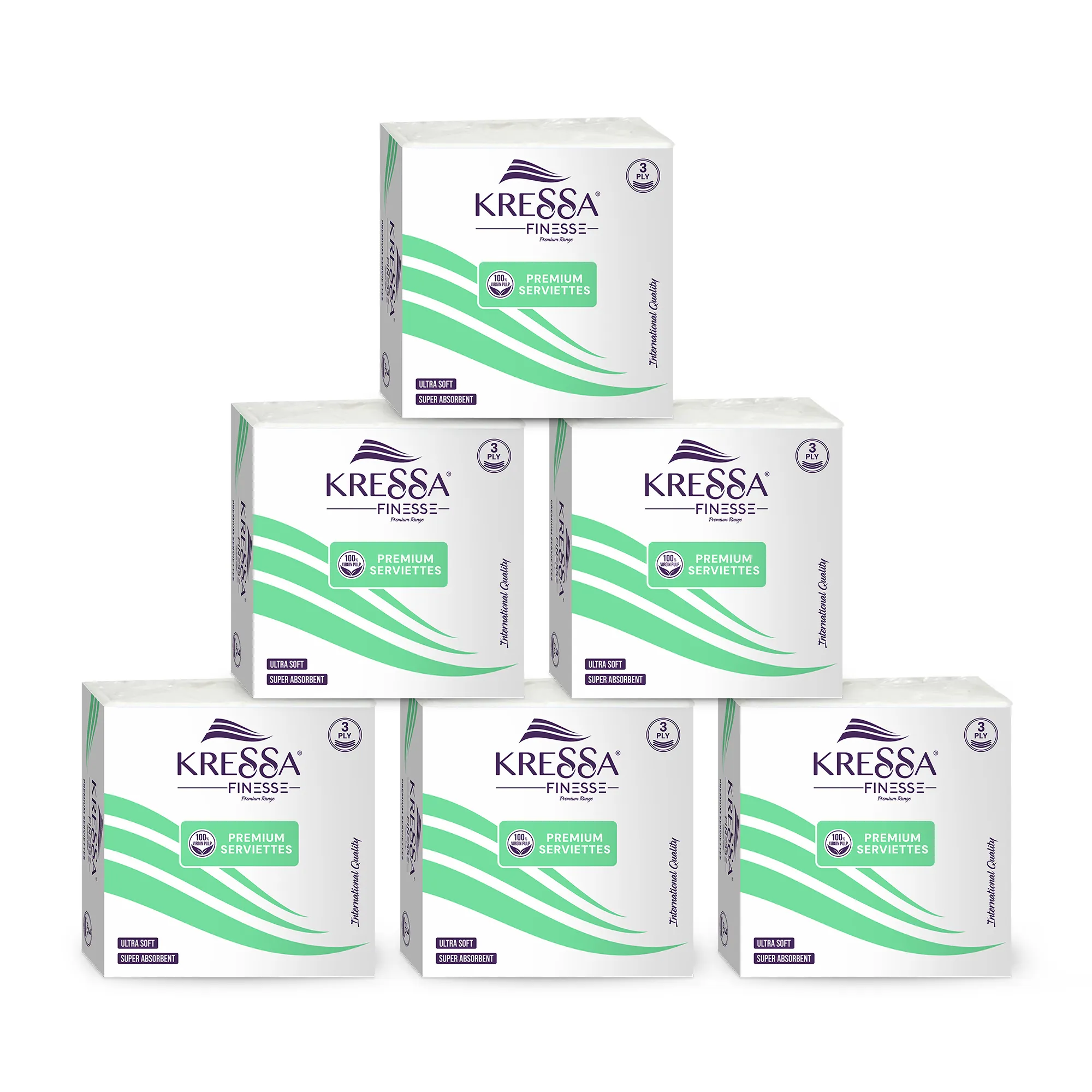KRESSA Finesse Premium 3-Ply Paper Napkins (Pack of 6), Ultra Soft and Super Absorbent, 50 Sheets per Pack, 100% Virgin Pulp