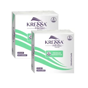 KRESSA Finesse Premium 3-Ply Paper Napkins (Pack of 2), Ultra Soft and Super Absorbent, 50 Sheets per Pack, 100% Virgin Pulp
